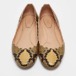 Chloe Yellow/Black Scalloped Embossed Python Lauren Ballet Flats Size 37.5