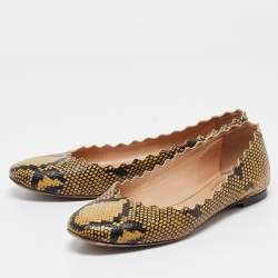 Chloe Yellow/Black Scalloped Embossed Python Lauren Ballet Flats Size 37.5