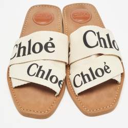 Chloe Cream Logo Canvas Woody Flat Slides Size 38