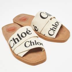 Chloe Cream Logo Canvas Woody Flat Slides Size 38