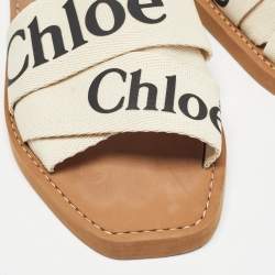 Chloe Cream Logo Canvas Woody Flat Slides Size 38