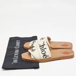 Chloe Cream Logo Canvas Woody Flat Slides Size 38
