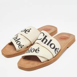 Chloe Cream Logo Canvas Woody Flat Slides Size 38