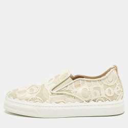 Chloe White Floral Lace and Mesh Scalloped Accent Slip On Sneakers Size 39