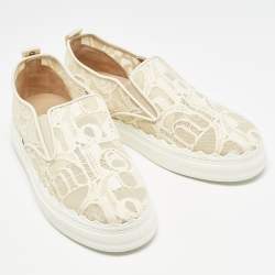 Chloe White Floral Lace and Mesh Scalloped Accent Slip On Sneakers Size 39