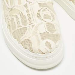 Chloe White Floral Lace and Mesh Scalloped Accent Slip On Sneakers Size 39