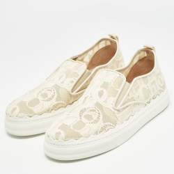 Chloe White Floral Lace and Mesh Scalloped Accent Slip On Sneakers Size 39