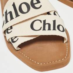 Chloé Off White Logo Canvas Woody Flat Slides Size 39