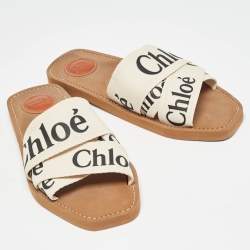 Chloé Off White Logo Canvas Woody Flat Slides Size 39