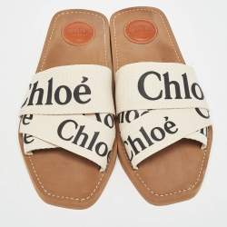 Chloé Off White Logo Canvas Woody Flat Slides Size 39