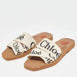 Chloé Off White Logo Canvas Woody Flat Slides Size 39
