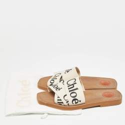 Chloé Off White Logo Canvas Woody Flat Slides Size 39