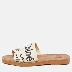 Chloé Off White Logo Canvas Woody Flat Slides Size 39