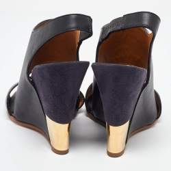 Chloe Black/Blue Suede and Leather Eliza Wedge Slingback Sandals Size 36