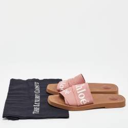 مملوكة مسبقًا Chloe Pink Canvas Logo Ribbon Woody Flat Slide Sandals Size 38