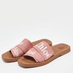 مملوكة مسبقًا Chloe Pink Canvas Logo Ribbon Woody Flat Slide Sandals Size 38