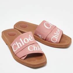 مملوكة مسبقًا Chloe Pink Canvas Logo Ribbon Woody Flat Slide Sandals Size 38