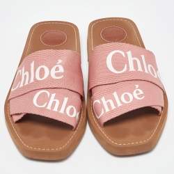 مملوكة مسبقًا Chloe Pink Canvas Logo Ribbon Woody Flat Slide Sandals Size 38