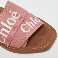 مملوكة مسبقًا Chloe Pink Canvas Logo Ribbon Woody Flat Slide Sandals Size 38