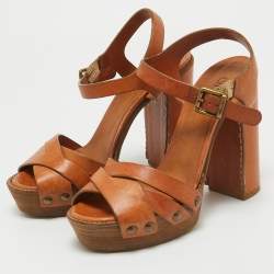 Chloe Tan Leather Platform Ankle Strap Sandals Size 38.5