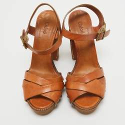 Chloe Tan Leather Platform Ankle Strap Sandals Size 38.5
