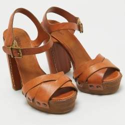 Chloe Tan Leather Platform Ankle Strap Sandals Size 38.5
