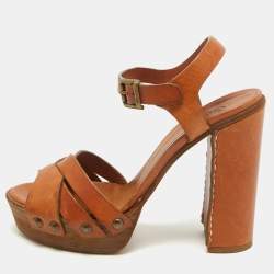 Chloe Tan Leather Platform Ankle Strap Sandals Size 38.5