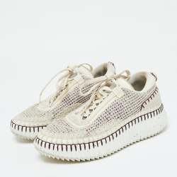 Pre Owned Chloe Grey/Burgundy Knit Fabric and Suede Nama Low Top Sneakers Size 39