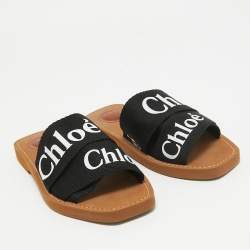 Chloe Black Canvas Woody Flat Slides Size 36