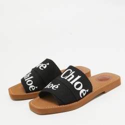 Chloe Black Canvas Woody Flat Slides Size 36