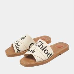 Chloe Cream Knit Fabric  Woody Flat Slides Size 37