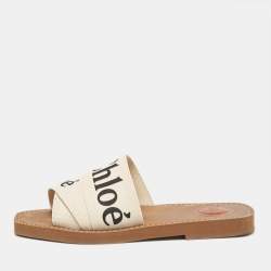 Chloe Cream Knit Fabric  Woody Flat Slides Size 37
