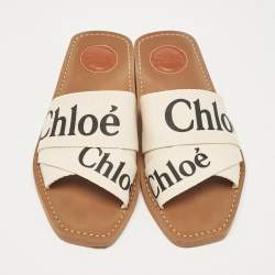 Chloe Cream Knit Fabric  Woody Flat Slides Size 37