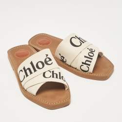 Chloe Cream Knit Fabric  Woody Flat Slides Size 37
