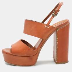 Chloe Brown Leather Platform Ankle Strap Sandals Size 35.5