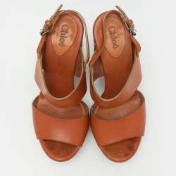 Chloe Brown Leather Platform Ankle Strap Sandals Size 35.5