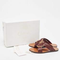 Chloe Burgundy Leather Rony Flat Sandals Size 36