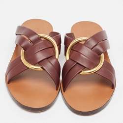 Chloe Burgundy Leather Rony Flat Sandals Size 36