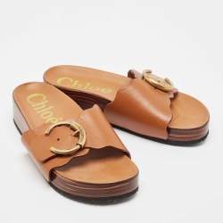 Pre Owned Chloe Brown Leather Buckle Wedge Sandals Size 38