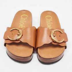 Pre Owned Chloe Brown Leather Buckle Wedge Sandals Size 38