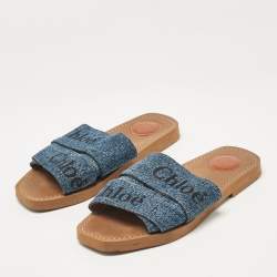 مملوكة مسبقًا Chloé Blue Denim Woody Flat Sandals Size 36