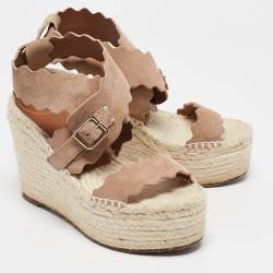 Chloe Beige Suede Laurena Scalloped Wedge Sandals Size 37