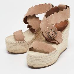 Chloe Beige Suede Laurena Scalloped Wedge Sandals Size 37