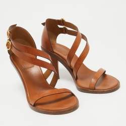 Chloe Brown Leather Double Ankle Strap Niko Sandals Size 38