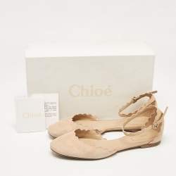 Chloe Beige Suede Lauren Scalloped Ankle Strap Ballet Flats Size 37.5