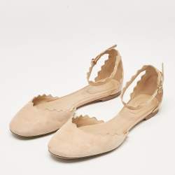 Chloe Beige Suede Lauren Scalloped Ankle Strap Ballet Flats Size 37.5
