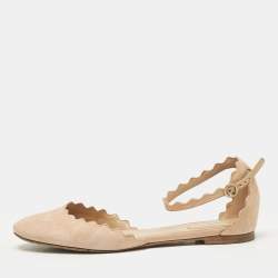 Chloe Beige Suede Lauren Scalloped Ankle Strap Ballet Flats Size 37.5