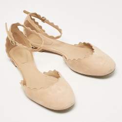 Chloe Beige Suede Lauren Scalloped Ankle Strap Ballet Flats Size 37.5