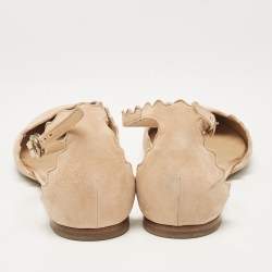 Chloe Beige Suede Lauren Scalloped Ankle Strap Ballet Flats Size 37.5