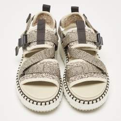 مملوكة مسبقًا Chloe Cream/Brown Canvas Lilli Ankle Strap Sandals Size 37